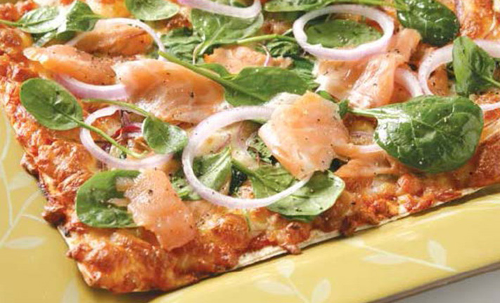 Smoked-salmon-and spinach-pizza-with-mountain-bread-base