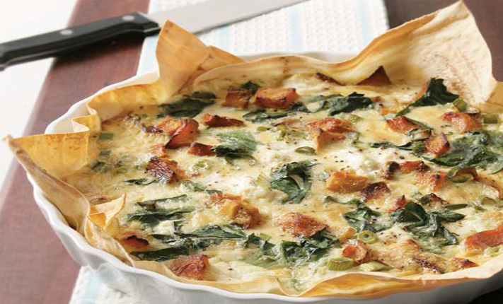 Pumpkin and spinach quiche with mountain-bread base